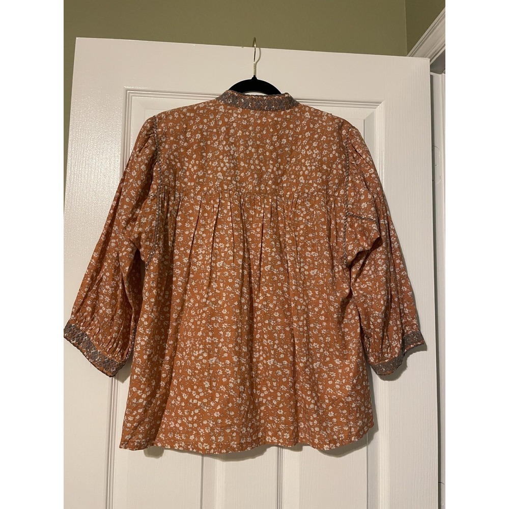 Sister Mary Blouse Womens Small Orange Floral Embroidered Boho Tunic Henley Top - Picture 2 of 16